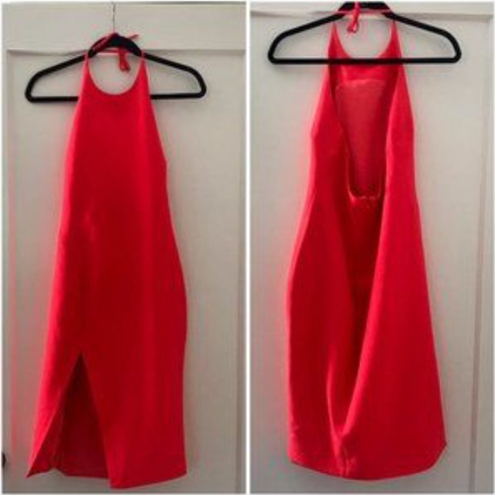 Bardot Revolve neon pink halter dress with slit